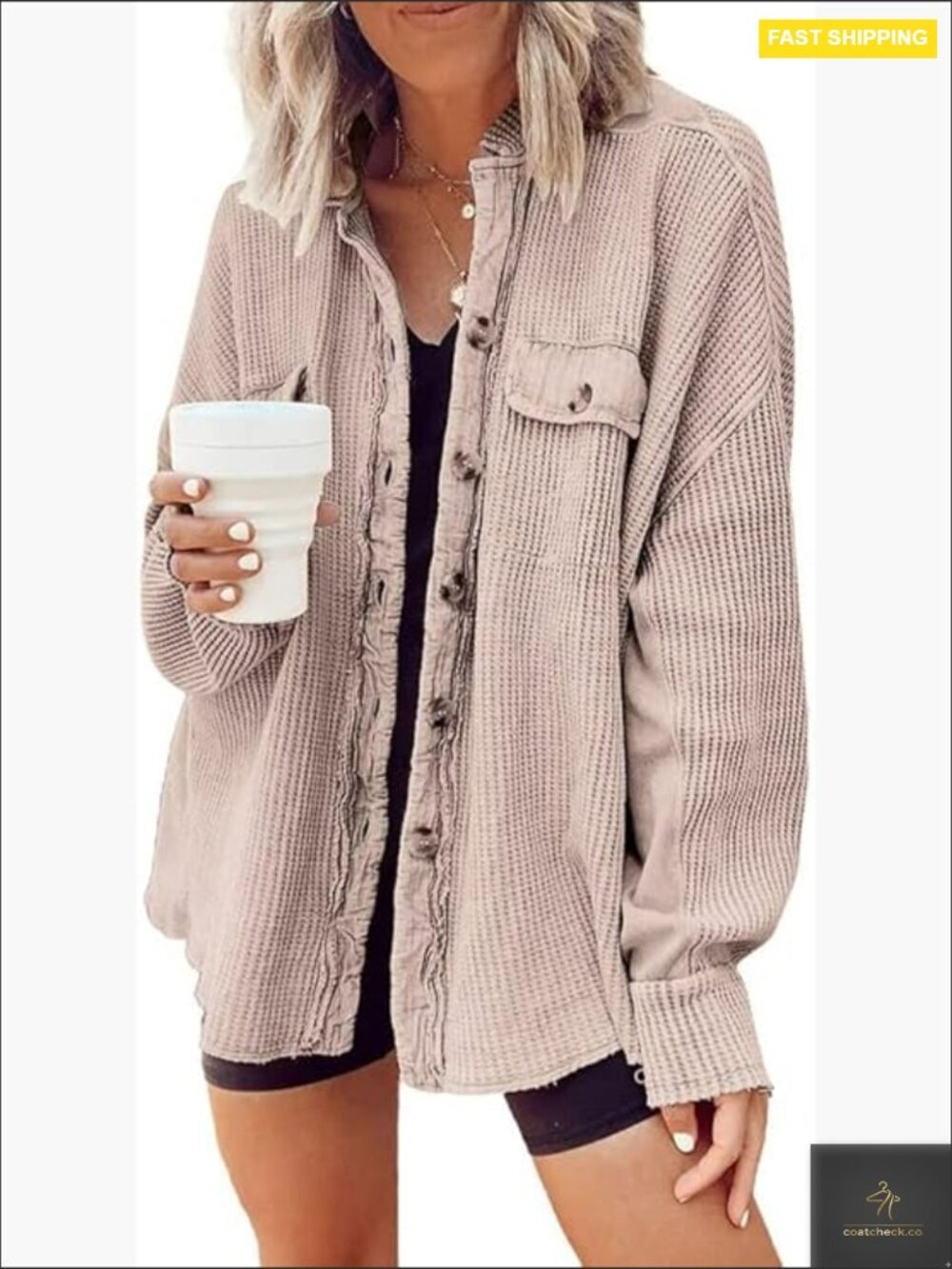 Waffle Knit Shacket Jacket Loose Fit Button Down Long Sleeve Casual